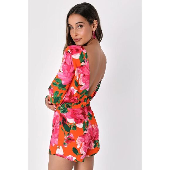 LULUS Sweetest Song Orange Floral Print Romper Sz Large Backless Long Sleeve NWT - Picture 3 of 13